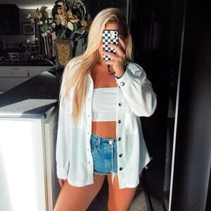 White waffle knit button down shirt